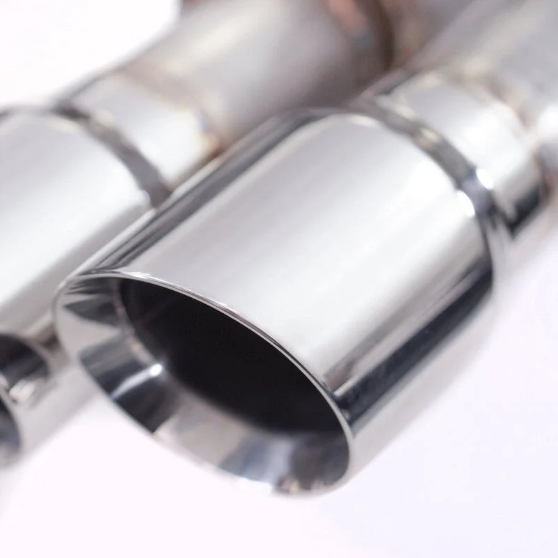 Stainless Works 3in Legend Series Catback X-Pipe w/Quad Tips w/o Active Valves fits 2018-2021 Ford Mustang GT - Side View