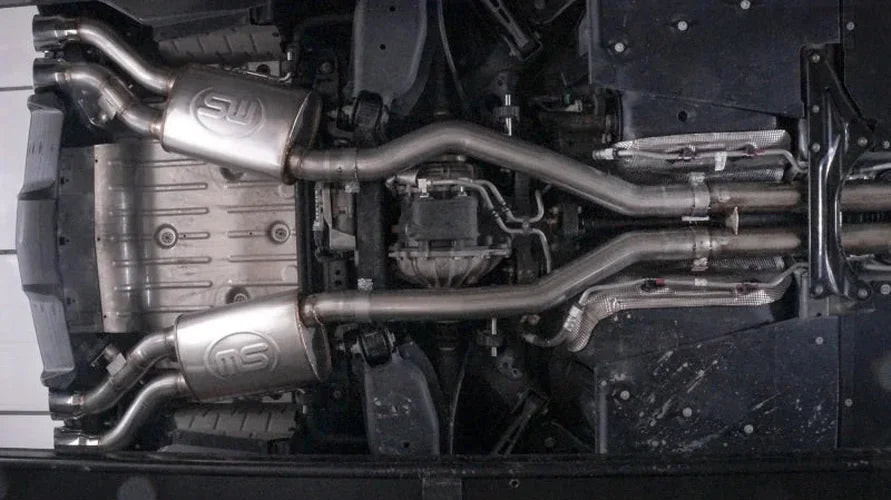 Stainless Works 2016-18 Cadillac CTS-V Sedan Catback System Resonated X-Pipe Dual-Mode Mufflers - Installation View