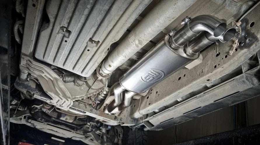 Stainless Works 2011-14 Ford F-150 Raptor Exhaust X-Pipe Resonator Dump In Front Of Rear Axle - Side View