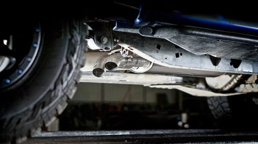 Stainless Works 2011-14 Ford F-150 Raptor Exhaust X-Pipe Resonator Dump In Front Of Rear Axle - Installation View