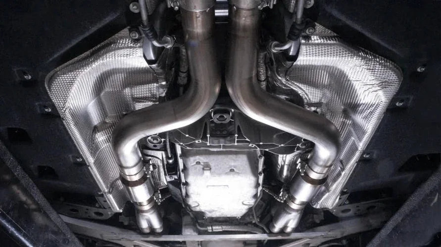 Stainless Works 2016-18 Cadillac CTS-V Sedan Headers 2in Primaries 3in Catted Leads Into X-Pipe - Side View