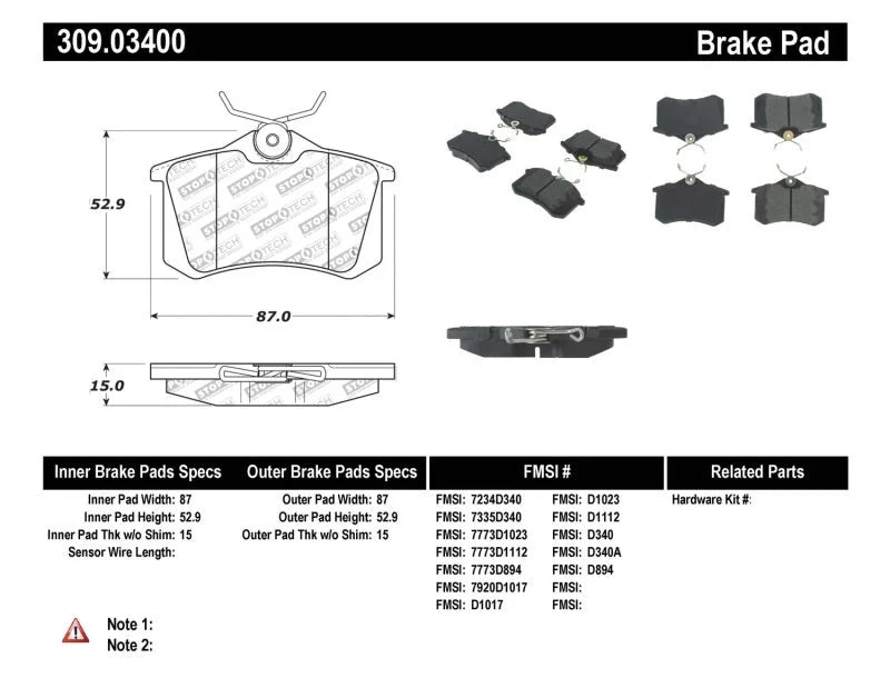 StopTech 02-08 Audi A4 Quattro / 2/99-02 Audi S4 / 93-10 VW Golf GL/GLS Performance Rear Brake Pads - Back View