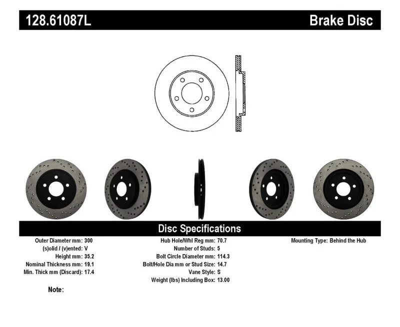 StopTech 05-10 Ford Mustang V6/4.0L / GT V8/4.6L Cross Drilled Left Rear Rotor - Side View
