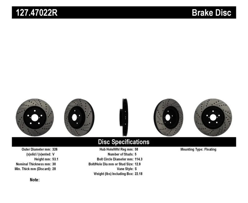 StopTech 05-10 Subaru Impreza WRX/STi Slotted & Drilled Right Front Rotor - Installation View