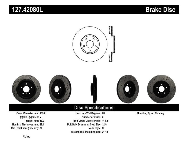 StopTech 06-07 350Z / 05-07 G35 exp Sport/ 06-07 G35X SportStop Slotted & Drilled Front Left Rotor - Back View