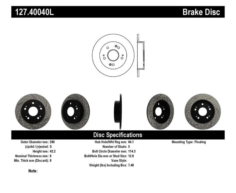 StopTech 06-09 Honda Civic Ex/Si Slotted & Drilled Left Rear Rotor - Additional View 5