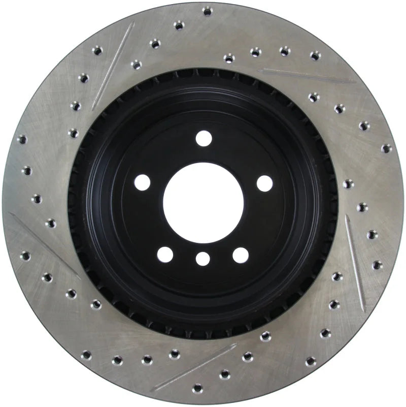 StopTech 06 BMW 330 / 07-09 BMW 335 Slotted & Drilled Left Rear Rotor - Back View