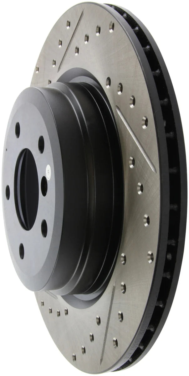 StopTech 06 BMW 330 / 07-09 BMW 335 Slotted & Drilled Right Rear Rotor - Installation View