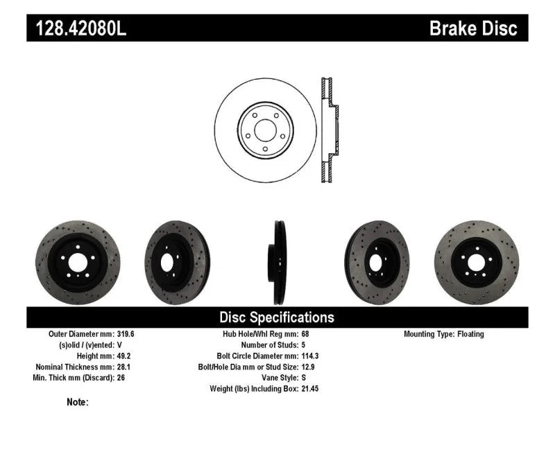 StopTech 08-09 Infiniti EX35 / 05-08 G35 / 09 G37 / 06-09 M35/M45 Drilled Left Front Rotor - Installation View