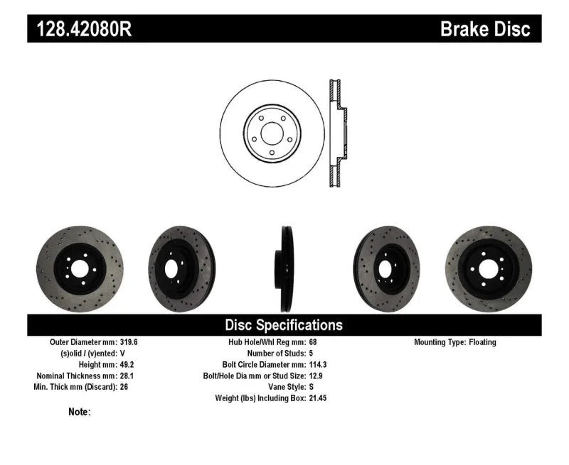 StopTech 08-09 Infiniti EX35 / 05-08 G35 / 09 G37 / 06-09 M35/M45 Drilled Right Front Rotor - Back View