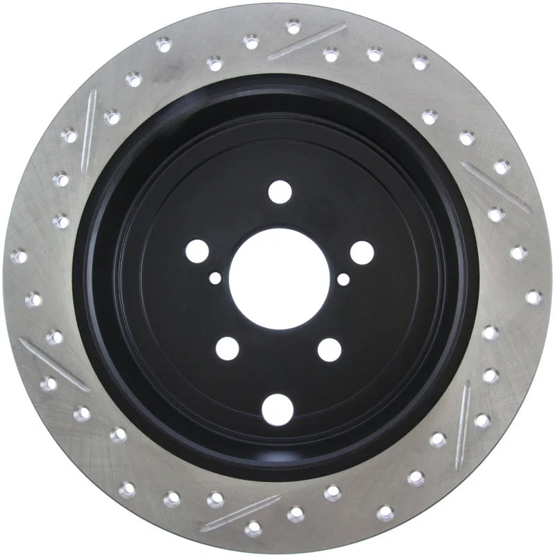 StopTech 08-10 Impreza WRX (Exc STi)/08-10 Impreza Coupe/Sedan Slotted & Drilled Left Rear Rotor - Installation View