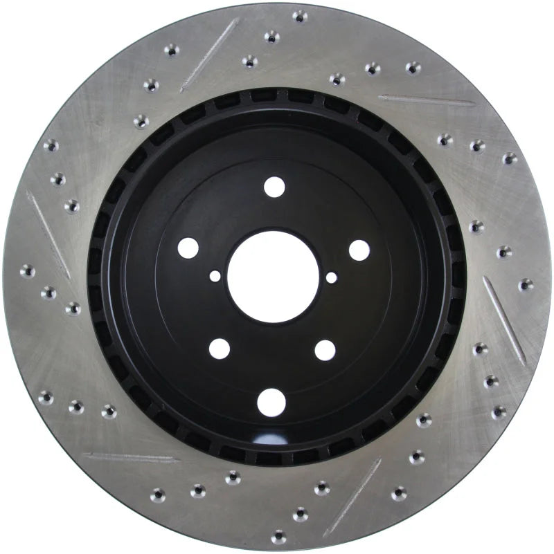 StopTech 08+ Subaru STI (Will Not Fit 05-07) Slotted & Drilled Sport Brake Rotor - Back View