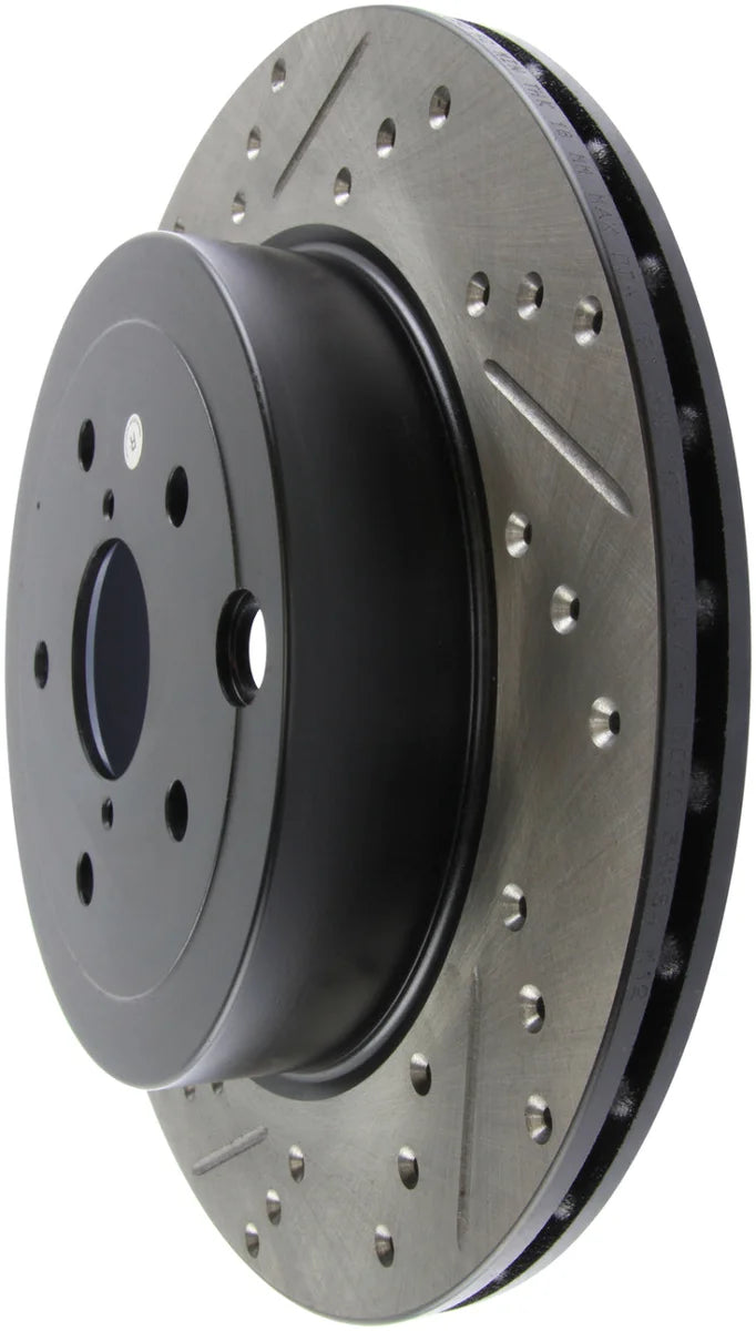 StopTech 08+ Subaru STI (Will Not Fit 05-07) Slotted & Drilled Sport Brake Rotor - Back View
