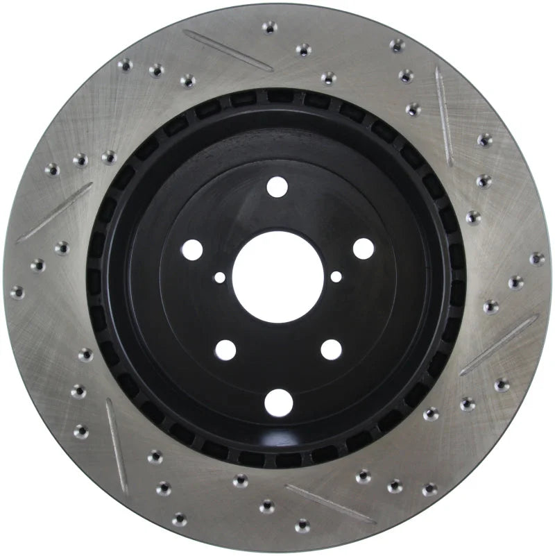 StopTech 08+ Subaru STI (Will Not Fit 05-07) Slotted & Drilled Sport Brake Rotor - Installation View