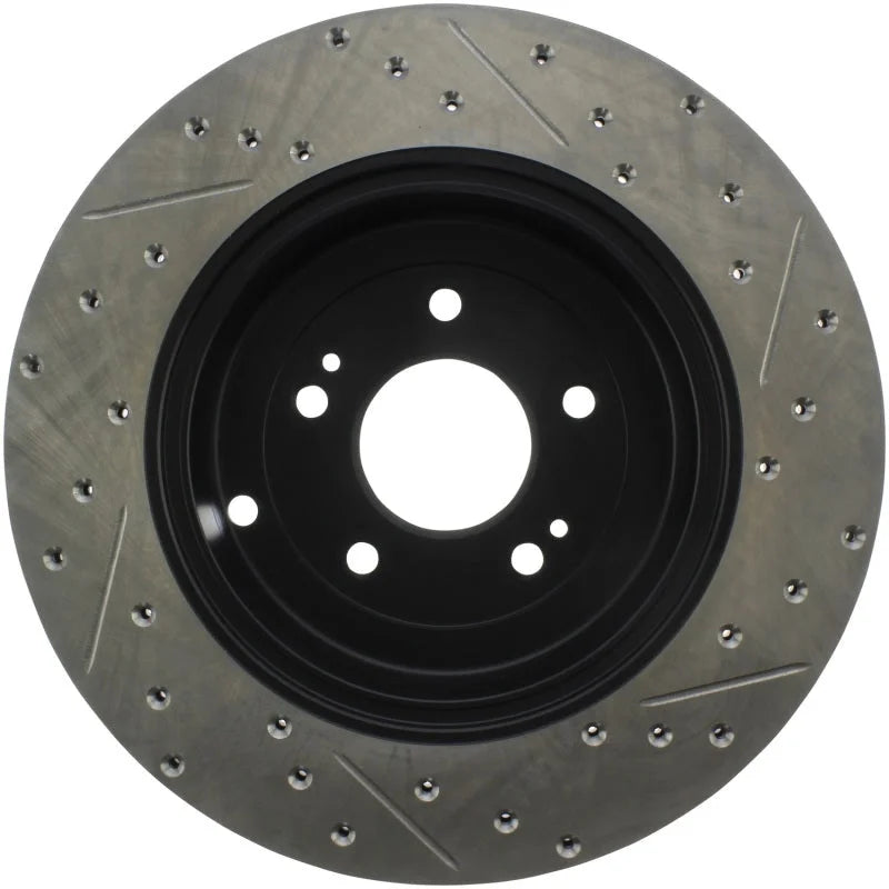 StopTech 10 Hyundai Genesis Coupe w/ Factory Brembo Slotted & Drilled Right Rear Rotor - Back View