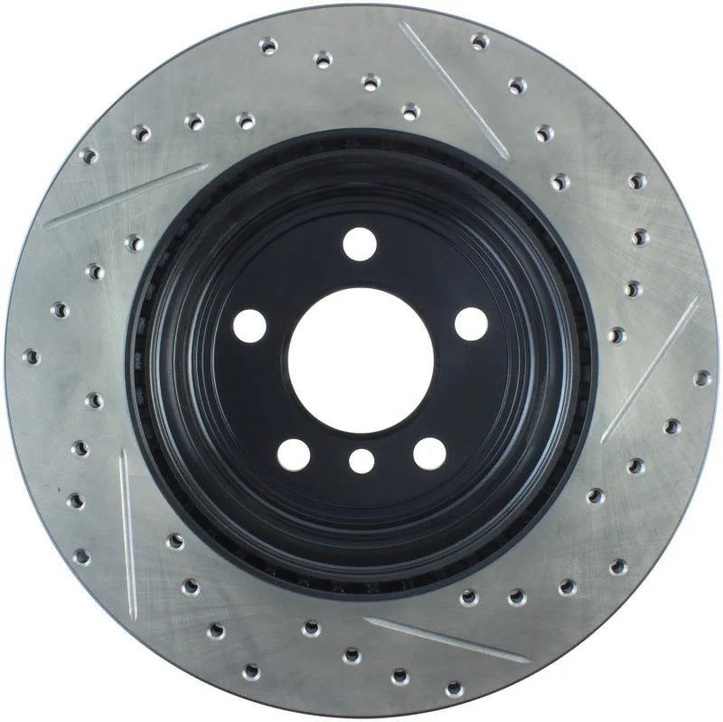StopTech 12-16 BMW 335i Slotted & Drilled Rear Right Rotor - Back View