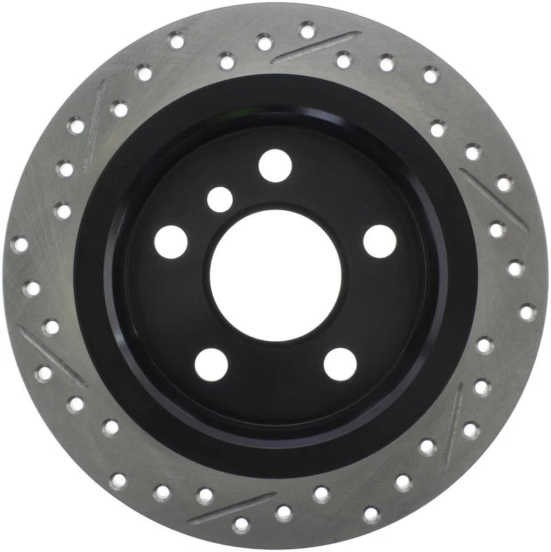 StopTech 14-15 Mini Cooper Base Slotted & Drilled Rear Left Rotor - Back View
