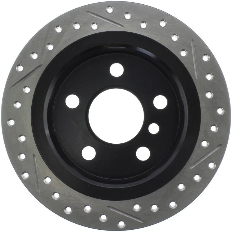 StopTech 14-15 Mini Cooper Base Slotted & Drilled Rear Right Rotor - Side View