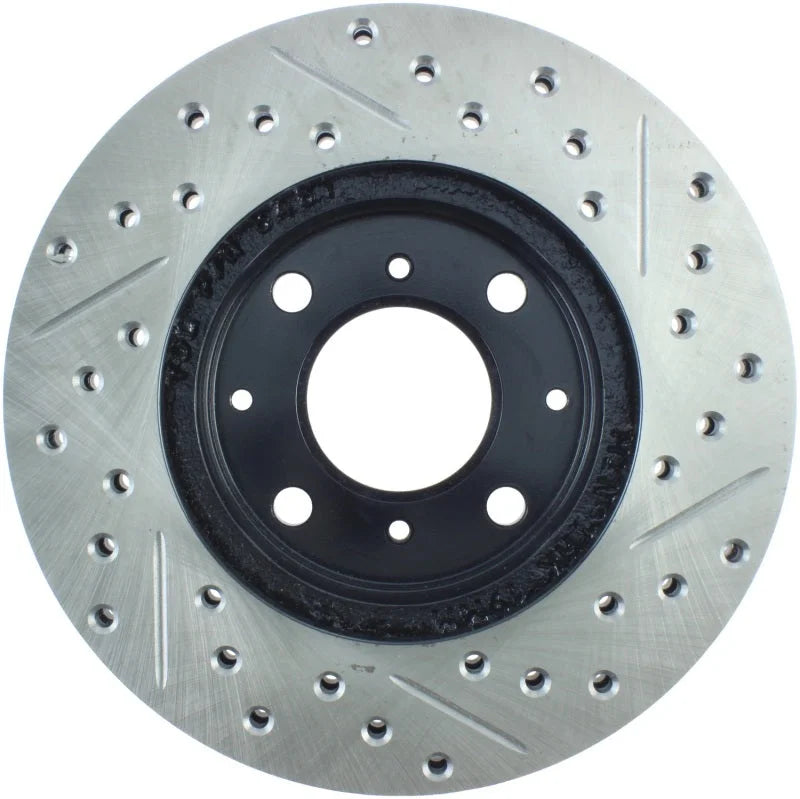 StopTech 96-00 Honda Civic DX/HX Coupe/90-00 Civic DX/LX Sedan Slotted & Drilled Right Front Rotor - Installation View