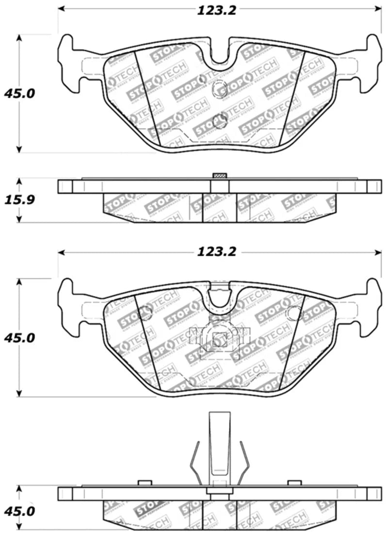 StopTech Performance 01-02 BMW Z3 / 03-09 Z4 / 10/90-07 3 Series / 99-09 Saab 9-5 Rear Brake Pads - Side View