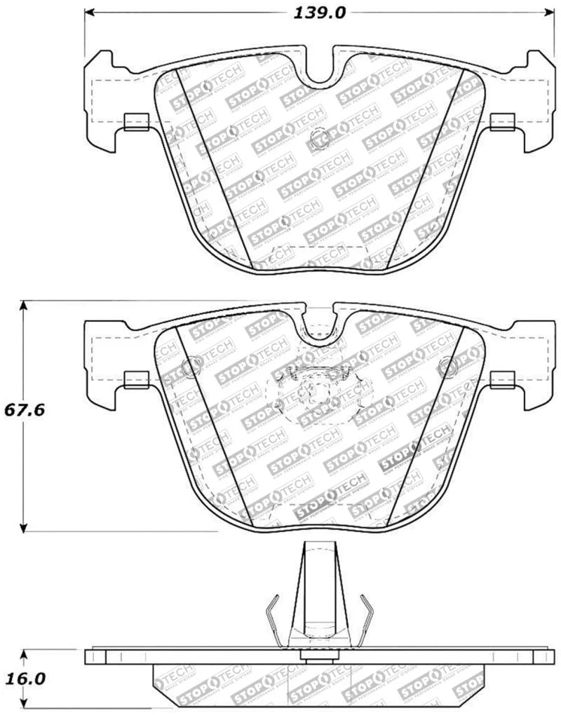 StopTech Performance 06-09 BMW M5 E60 / 07-09 M6 E63/E63 Rear Brake Pads - Side View