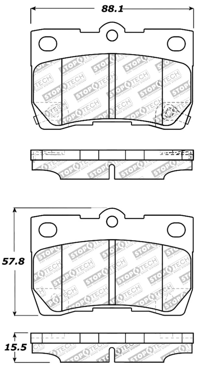 StopTech Performance 06 Lexus GS300/430 / 07-08 GS350 / 06-08 IS250/350 Rear Brake Pads - Side View