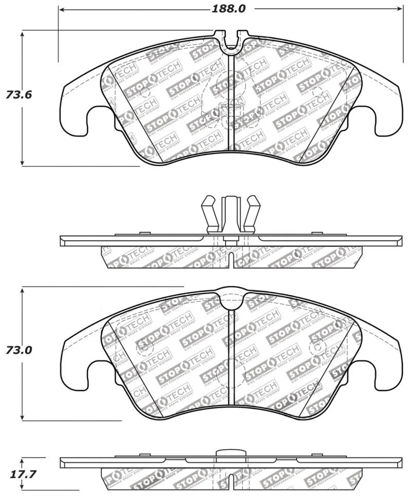 StopTech Performance 08-10 Audi A5 / 10 S4 / 09-10 Audi A4 (except Quattro) Front Brake Pads - Back View
