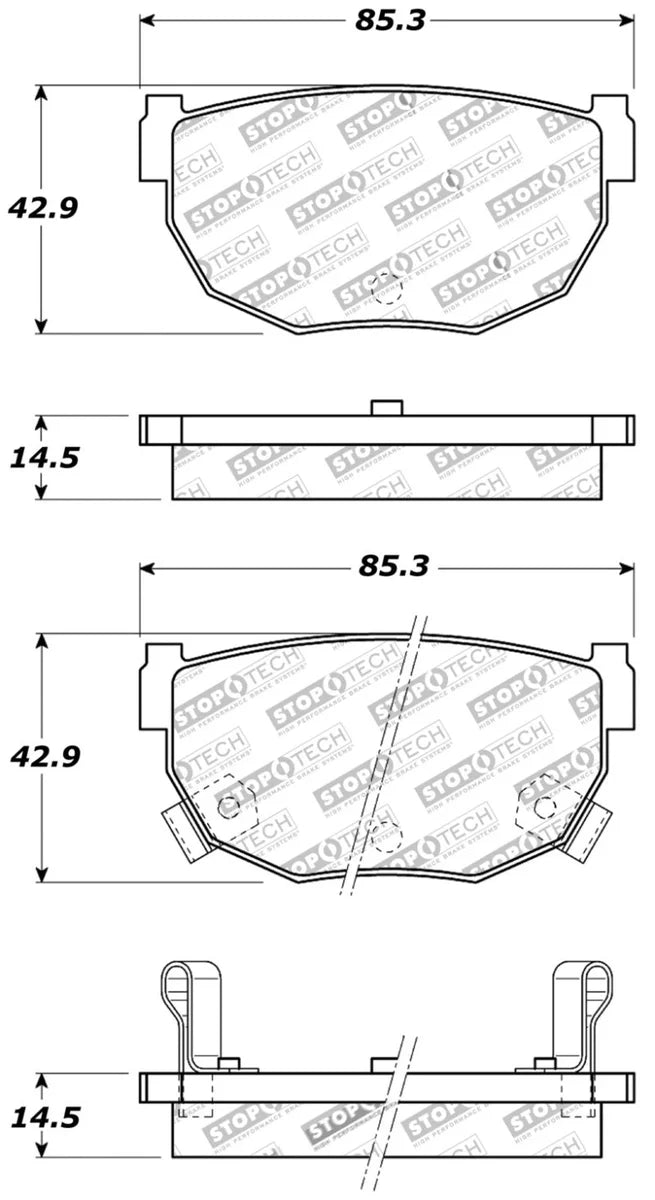 StopTech Performance 89-98 240SX Rear Brake Pads - Side View