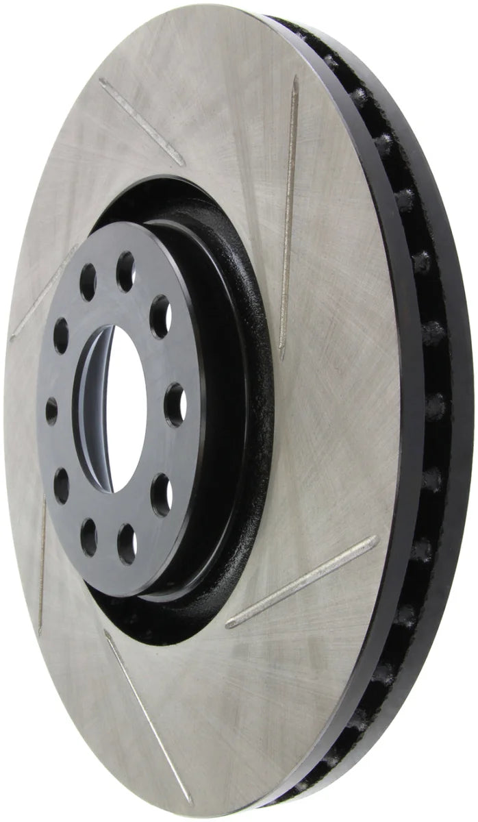 StopTech Power Slot 01-06 Audi Allroad / 05-09 A4 / 6/99-04 A6 / 99-02 S4 Left Front Slotted Rotor - Installation View