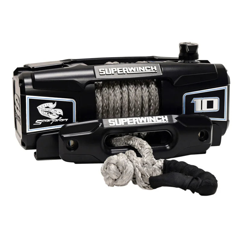 Superwinch 10000 LBS 12V DC 3/8in x 54ft Synthetic Rope Scorpion 10000SR Winch - Black Powdercoat - Side View