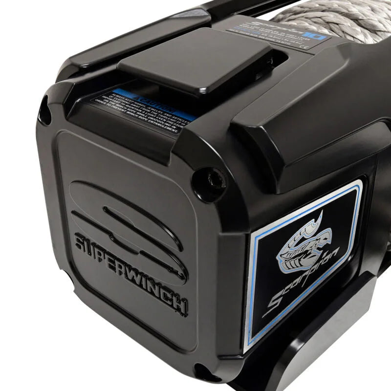 Superwinch 10000 LBS 12V DC 3/8in x 54ft Synthetic Rope Scorpion 10000SR Winch - Black Powdercoat - Back View