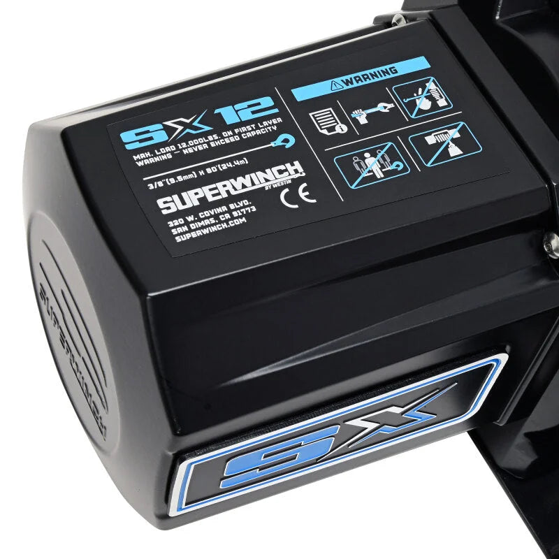 Superwinch 12000 LBS 12V DC 3/8in x 80ft Synthetic Rope SX12SR Winch - Semi Gloss Black - Side View