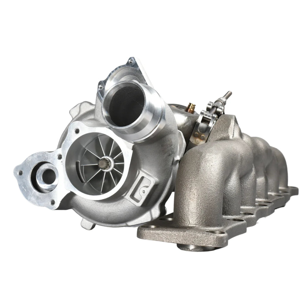 TR TW2009 DCBB BWX700 600HP Turbocharger with Exhaust Manifold for BMW N55 Engine - Front View