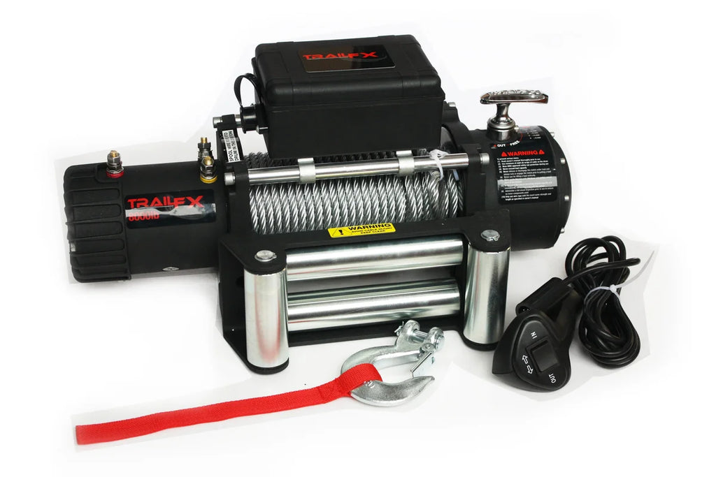 TrailFX 12V Electric 8K Lb Cap 94 Ft Wire Rope Roller Fairlead Wired Remote W08B - Main Product View