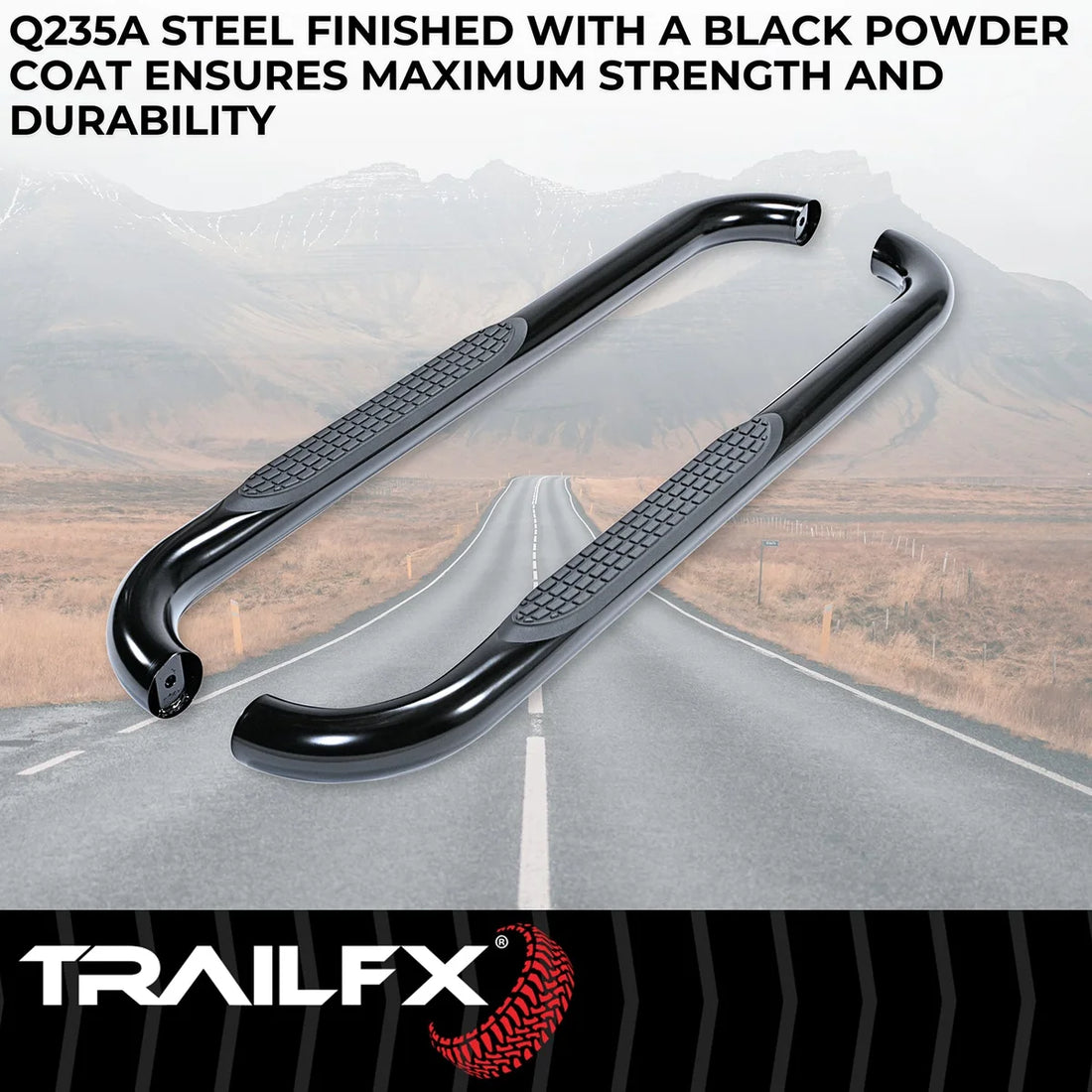 TrailFX 3 Inch Round Bent 60 Degree Pwdr Ctd Black Steel W/O End Caps Rocker Panel Mount A0046B - Back View