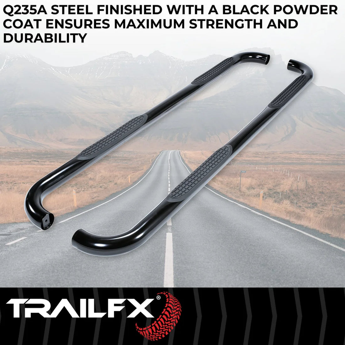 TrailFX 3 Inch Round Bent Powder Coated Black Steel Rocker Panel Mount A0009B - Back View