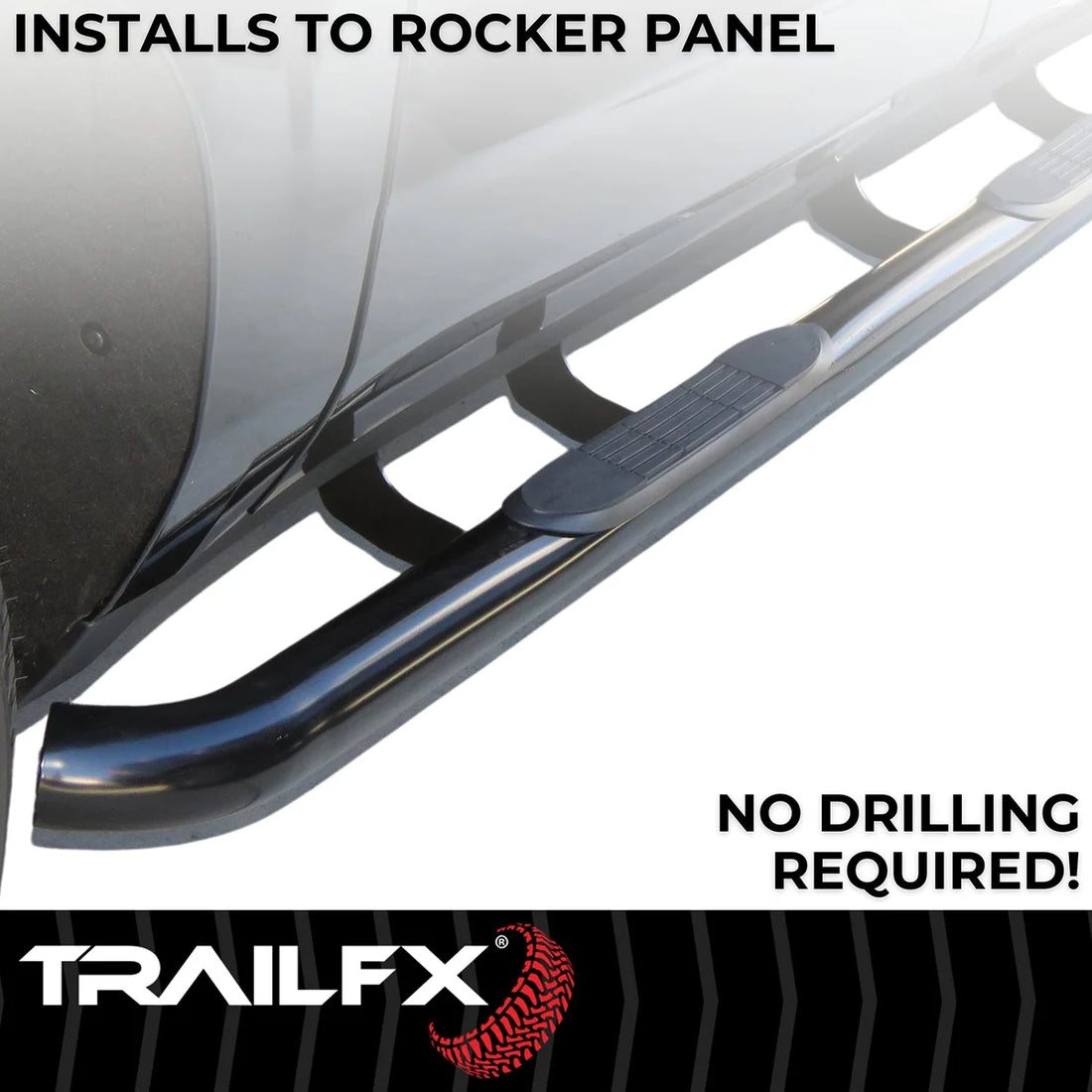 TrailFX 3 Inch Round Bent Powder Coated Black Steel Without End Caps Rocker Panel Mount 1130340043 - Back View