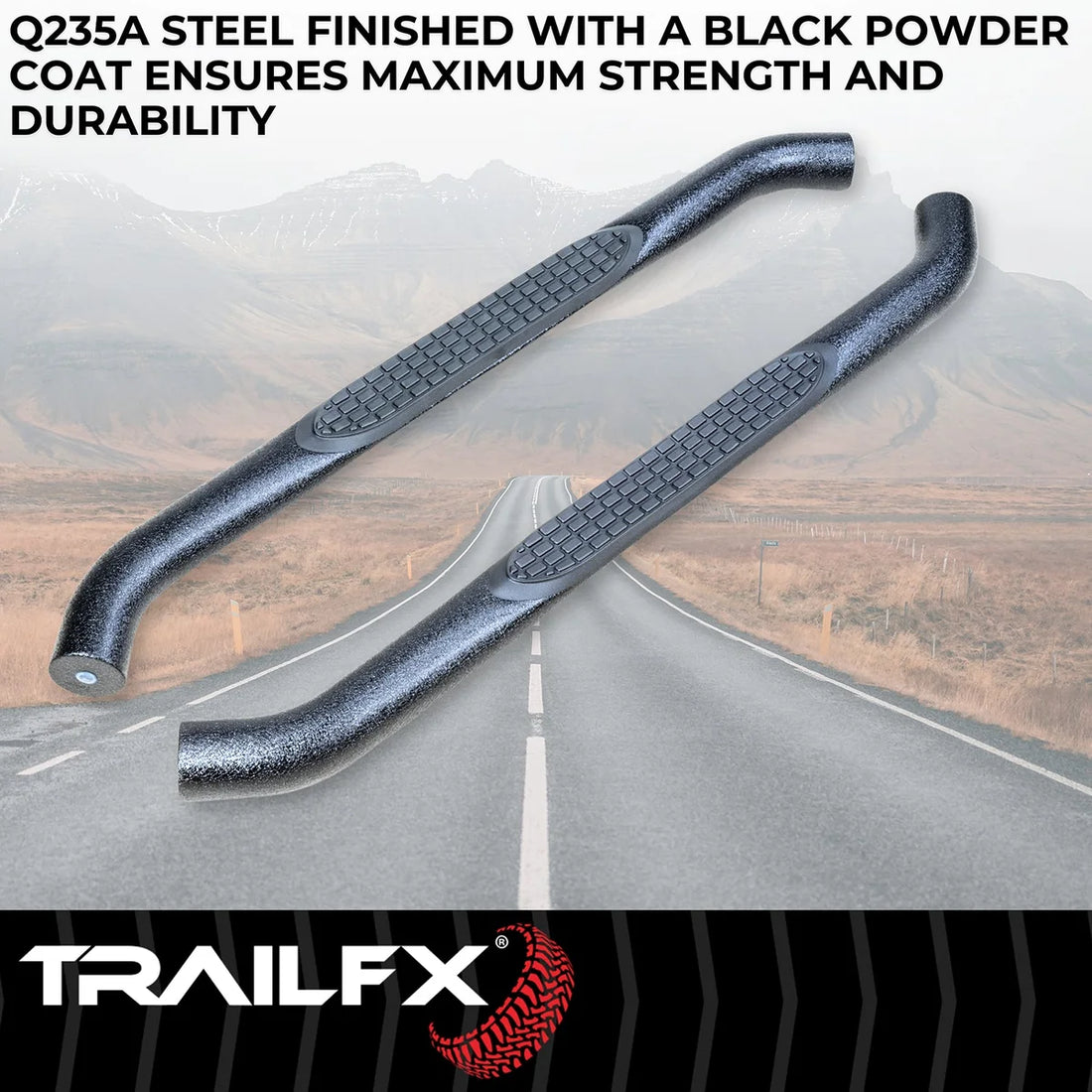 TrailFX 3 Inch Round Bent Textured Black Steel Without End Caps Frame Body Mount Bolts A0027T - Side View