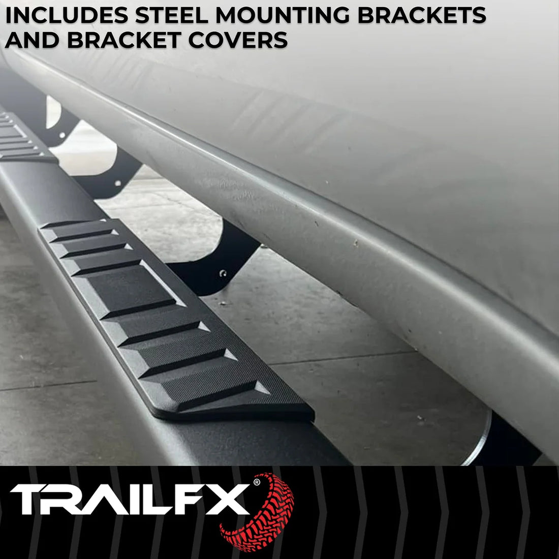 TrailFX 4 Inch Trapezoid Straight Pwdr Ctd Titanium Black Steel Plastic End Caps A4013B - Installation View