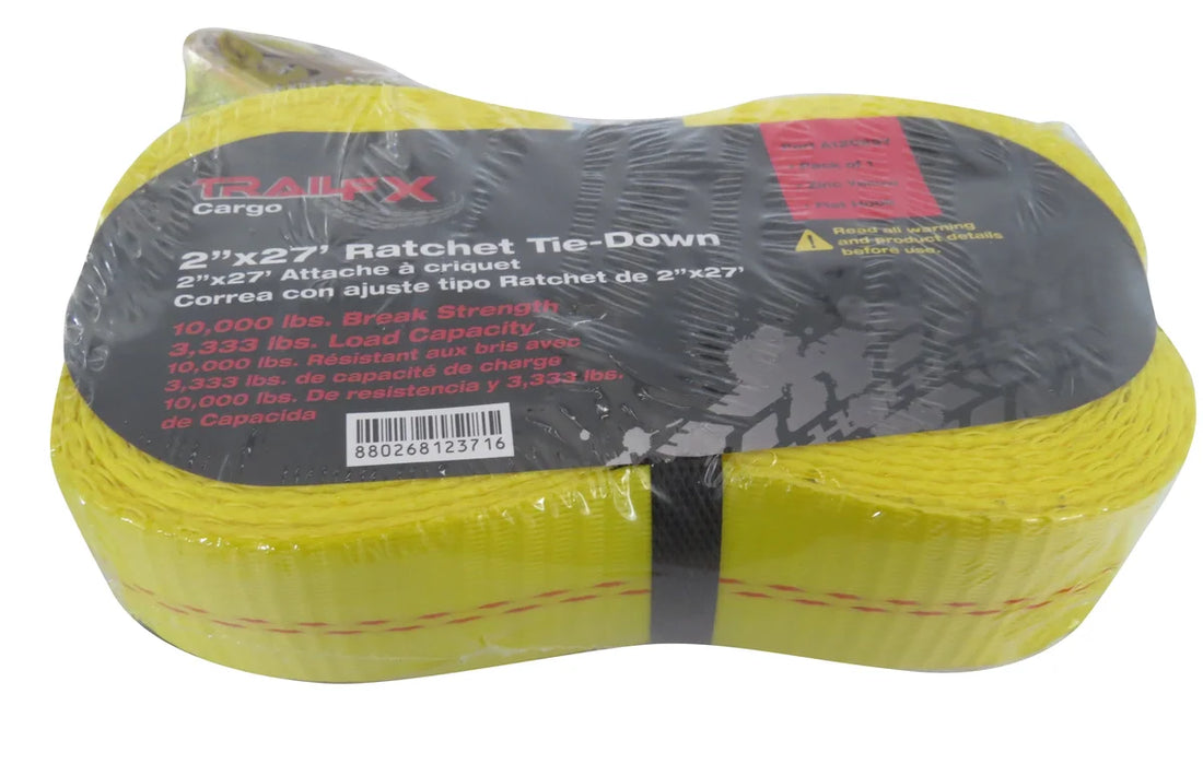 TrailFX Cargo Tie Down 27 Ft x 2 3333 Lb Load 10K Lb Break Cap W/Ratchet Yel Sgl A12029Y - Side View
