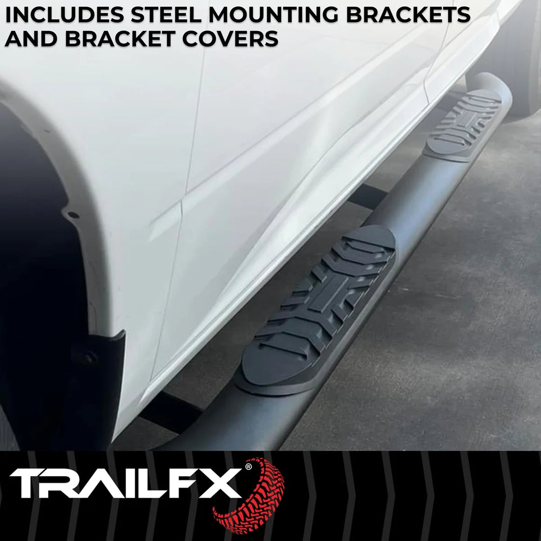 TrailFX With Step Pads 4 In Oval Bent Powder Coated Titanium Black Mild Steel With Welde A1010B - Back View
