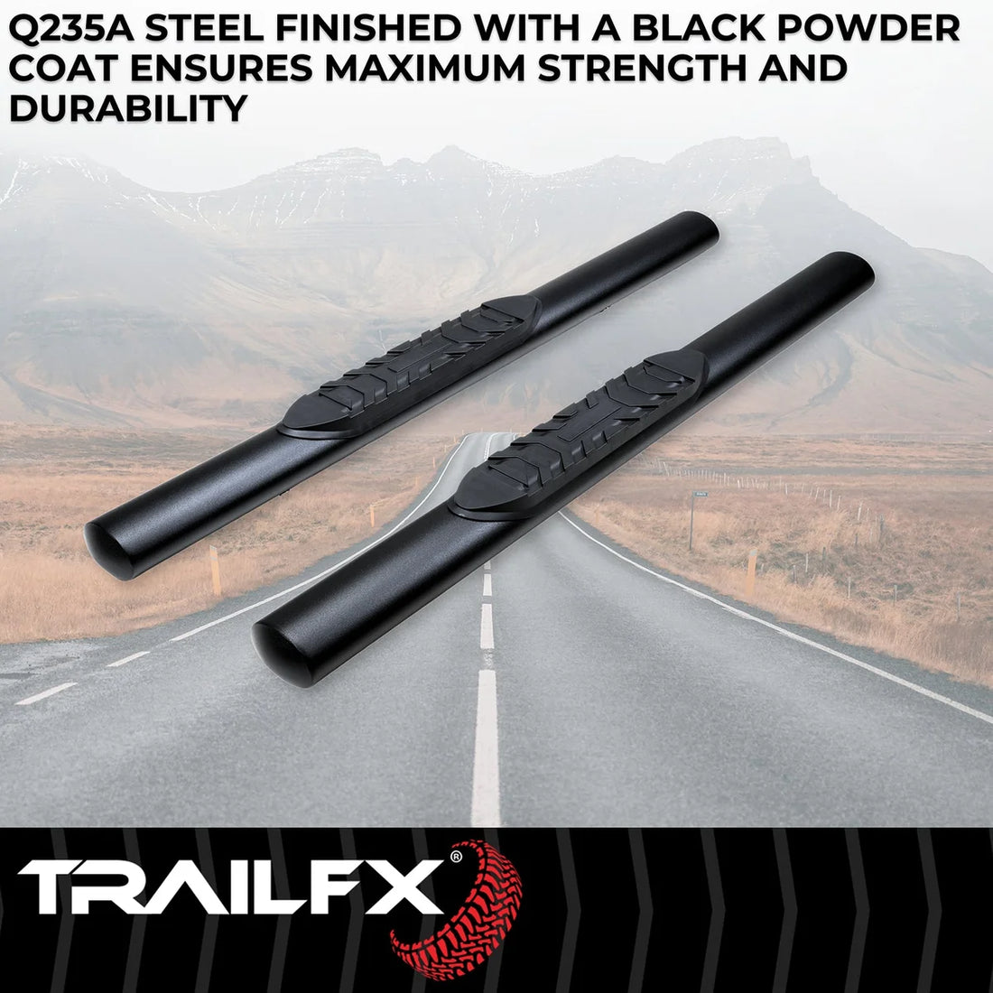 TrailFX With Step Pads 4 In Oval Straight Powder Coated Black Mild Steel With Welded End A1546T - Back View