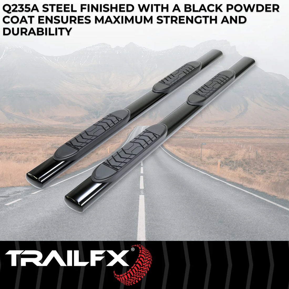 TrailFX With Step Pads 5 In Oval Straight Powder Coated Black Steel With Welded End Caps A7084B - Side View