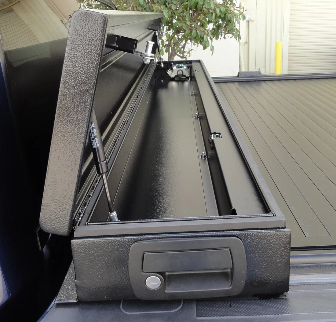 Truck Covers USA Junior Size Toolbox and Hard Retractable Roll-up Tonneau Cover Combination - Side View