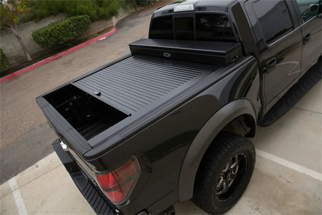 Truck Covers USA Junior Size Toolbox and Hard Retractable Roll-up Tonneau Cover Combination - Installation View
