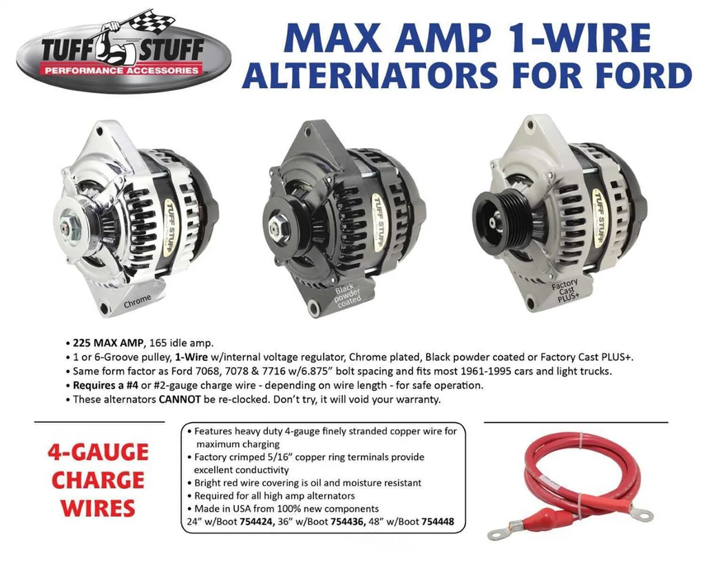 Tuff Stuff Performance Accessories 225 MAX Amp Alternator 1 Groove 1 Wire Chrome 8441C1G1W - Side View