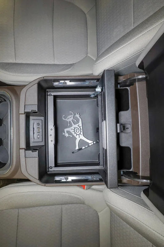 Tuffy Console Safe W/ Combo Lock For Chevrolet Silverado And Gmc Sierra W/ Flow Thru Console - Side View