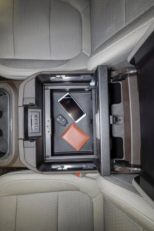 Tuffy Console Safe W/ Combo Lock For Chevrolet Silverado And Gmc Sierra W/ Flow Thru Console - Back View