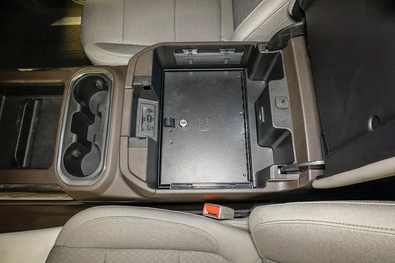 Tuffy Console Safe W/ Combo Lock For Chevrolet Silverado And Gmc Sierra W/ Flow Thru Console - Installation View