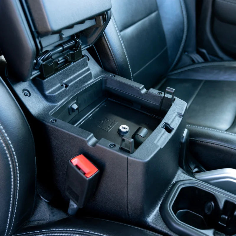 Tuffy Console Safe W/ Keyed Lock For Jeep Wrangler & Gladiator - Installation View